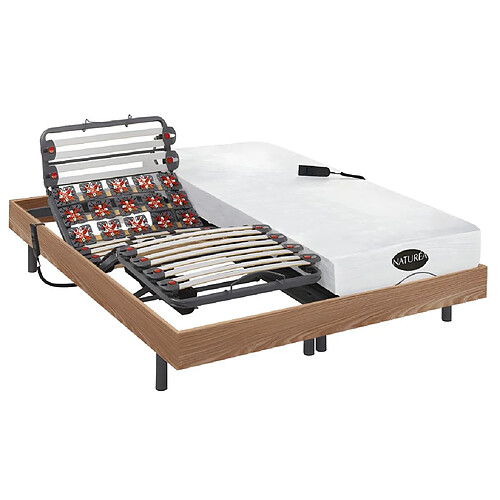 Vente-Unique Lit électrique de relaxation lattes et plots + matelas mémoire de forme et bambou - 2 x 90 x 200 cm - Chêne - DAMYSOS de NATUREA