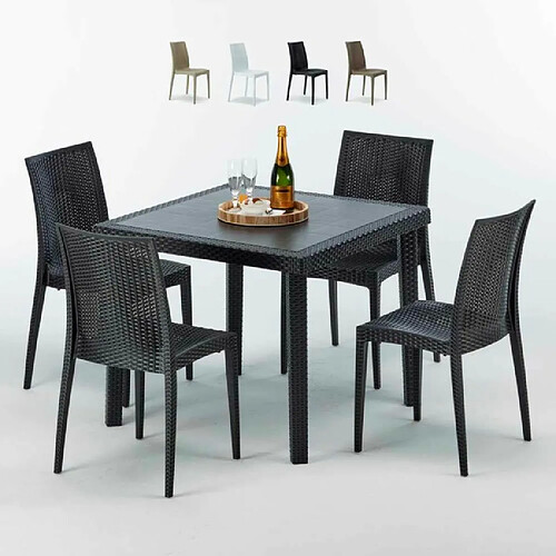 Table Carrée Noire 90x90cm Avec 4 Chaises Colorées Grand Soleil Set Extérieur Bar Café Bistrot Passion, Couleur: Noir