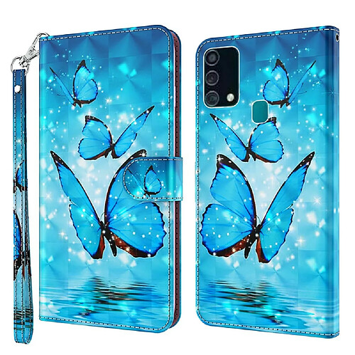 Etui en PU impression de motifs avec support et cordon papillon bleu pour votre Samsung Galaxy A32