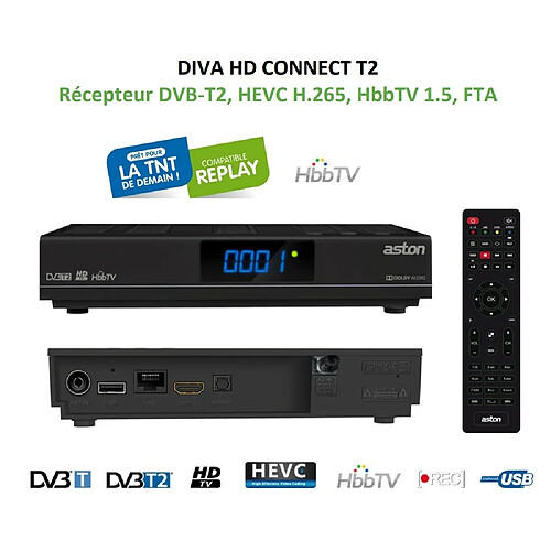 Récepteur Décodeur DVB-T2, HEVC H.265, HbbTV 1.5, FTA TNT ASTON DIVA HD CONNECT T2 – Enregistrement & Médiaplayer via USB