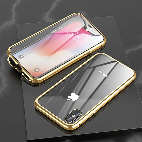 Wewoo Coque Pour iPhone XR Ultra Slim Double Sides Adsorption magnétique Cadre angulaire Aimant en verre trempé Flip Case Or