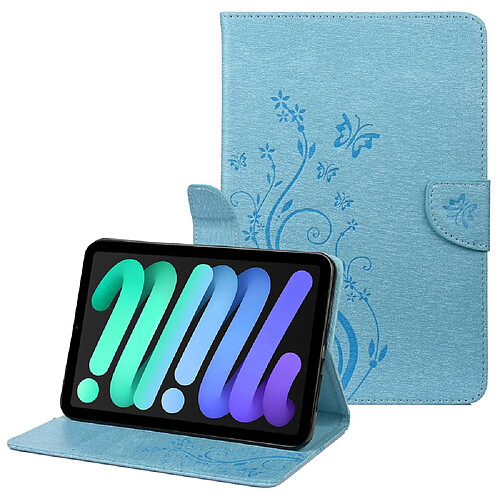 Etui en PU motif de papillons et de fleurs avec support bleu pour votre iPad mini (2021)