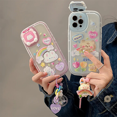 GUPBOO Étui pour iPhone11ProMax Étui pour téléphone portable dessin animé résistant aux chutes pour fille avec ours arc-en-ciel et lapin après la pluie d'été