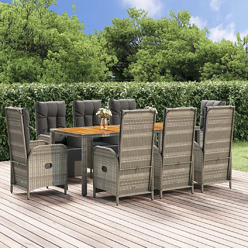 Salle à manger de jardin 9 pcs,Table et chaise à dîner avec coussins Gris -MN68306