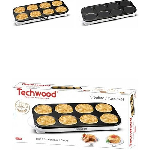 Techwood Crêpière INOX pour Mini crêpes + Pancakes anti-adhésif 8 crêpes 1500W Noire