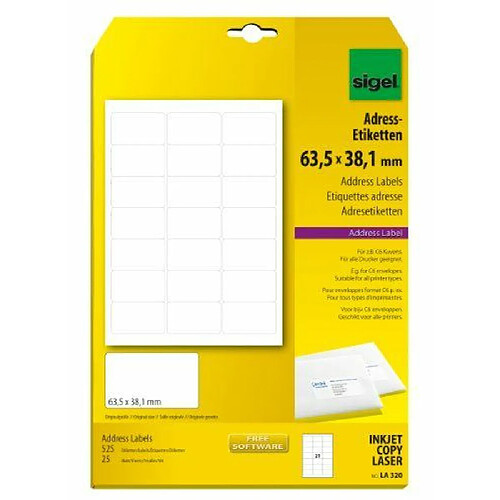 Sigel LA320 Paquet de 25 feuilles A4 pour 525 étiquettes à adresses aux bords arrondis 63,5 x 38,1 mm pour photocopieur et imprimante laser et jet d'encre (Blanc) (Import Allemagne)