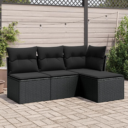 vidaXL Salon de jardin 4 pcs avec coussins noir résine tressée