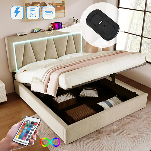 KOMHTOM Avec fonction de chargement USB type C et éclairage LED, lit double 160x200 pour adolescents (sans matelas)