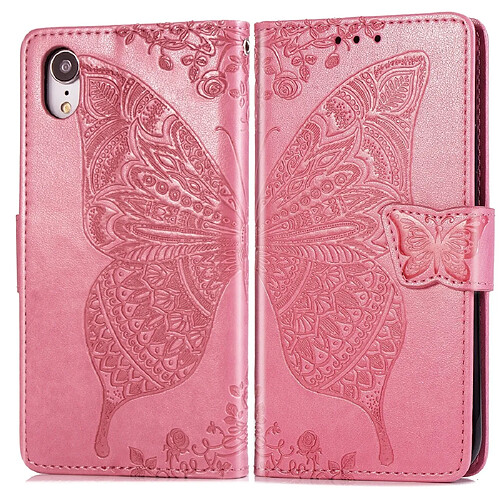 Wewoo Housse Coque Étui en cuir à rabat horizontal Butterfly Love Flowers gaufrage pour iPhone XRavec supportlogements cartesportefeuille et lanière rose