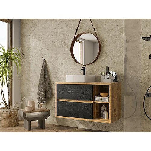 Vente-Unique Meuble de salle de bain suspendu avec vasque carrée - Coloris naturel et anthracite - 100 cm - TIKITIKI