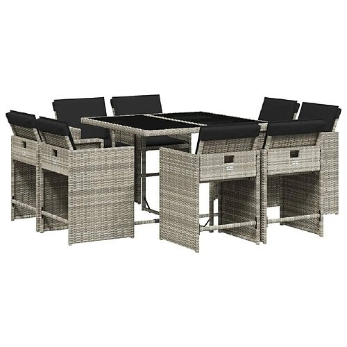 Maison Chic Ensemble à manger d'extérieur 9 pcs avec coussins,Salon de jardin,Mobilier de jardin gris clair rotin -GKD606660