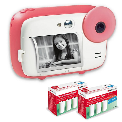 AGFA PHOTO Pack Realikids Instant Cam + 3 rouleaux Papier Thermique ATP3WH - Appareil Photo Enfant, Batterie Lithium - Rose - Rose