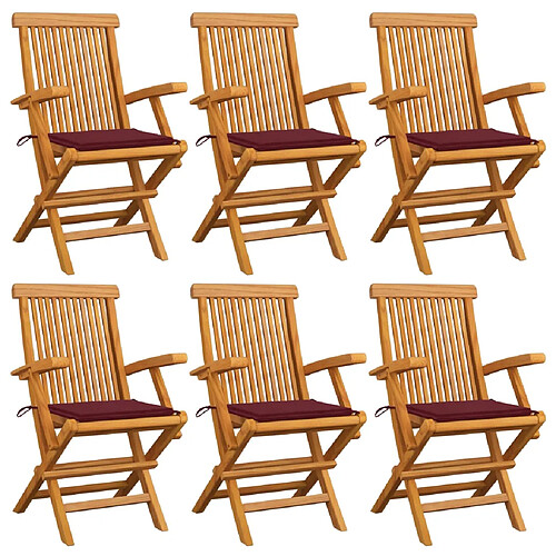 vidaXL Chaises de jardin coussins rouge bordeaux lot de 6 Teck massif