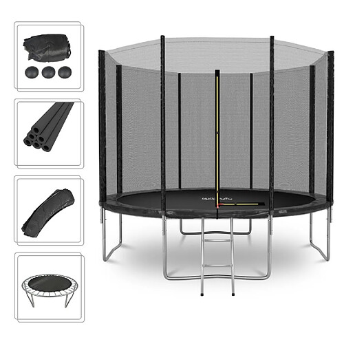 Play4Fun Trampoline de Jardin Deluxe 10FT ø305cm Noir - avec Filet de sécurité, Tapis de saut, Coussin de protection, Echelle