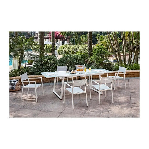 Ensemble repas de jardin - table extensible 160-240 cm et 6 fauteuils - Structure aluminium - Blanc