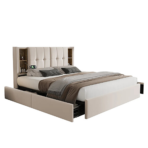 KOMHTOM Lit adulte avec chargement sans fil USB C& 4 tiroirs , lit rembourré cadre de lit 160x200cm,sommier à lattes en bois beige velours (avec matelas)