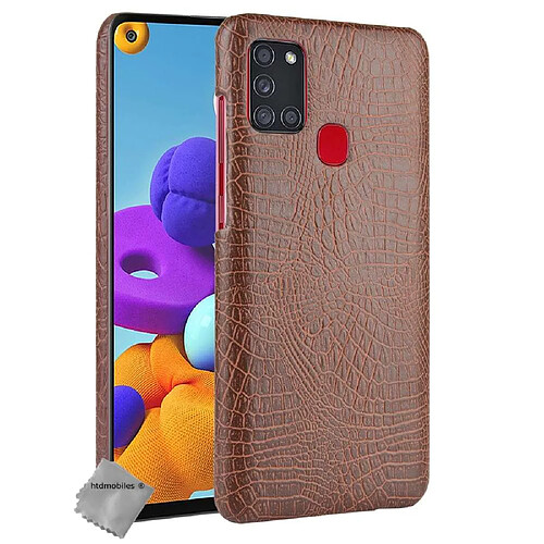 Htdmobiles Coque rigide simili cuir crocodile pour Samsung Galaxy A21s + film ecran - MARRON