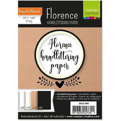 Vaessen Creative vaessen_creative Papier Florence pour Hand lettering, A5, 216 GSM, 60 Feuilles en Blanc, Ivoire, Marron et Noir pour Calligraphie, Brush Lettering, Projets Artistiques et Idées de Loisirs Créatifs