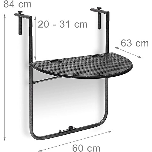 Helloshop26 Table de balcon pliante pliable 3 niveaux réglable noir 13_0002691