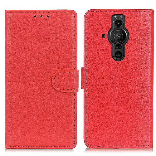 Etui en PU texture litchi, fermoir aimanté avec support rouge pour votre Sony Xperia Pro-I