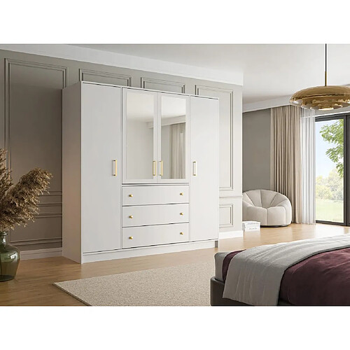 Vente-Unique Armoire 4 portes et 3 tiroirs - Avec miroirs - L196 cm - Blanc - LIZANDRO