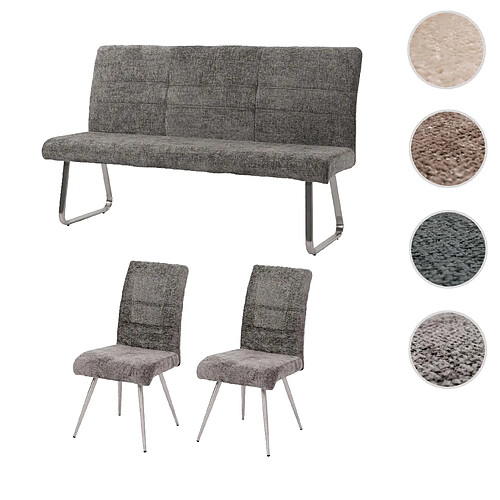 Mendler Set de salle à manger HWC-G55, set de 2 chaises + banc 160cm, inox brossé tissu/textile chenille ~ gris foncé