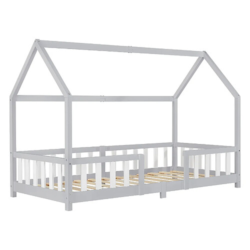 Lit d'Enfant Design Forme Maison Sisimiut Pin 200 x 90 cm Gris Clair Blanc Mat Laqué [en.casa]