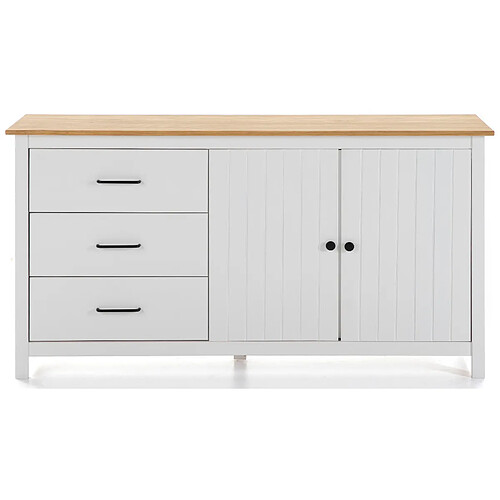 Pegane Buffet en pin massif décor ciré chêne et blanc, meuble de rangement - Longueur 150 x Profondeur 40 x Hauteur 80 cm