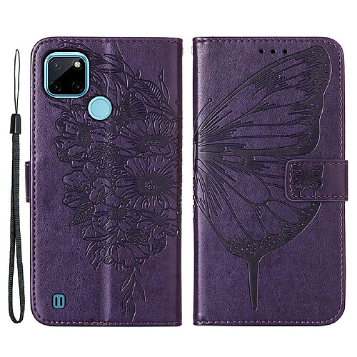 Etui en PU motif de papillons et de fleurs avec support, violet pour votre Realme C21Y