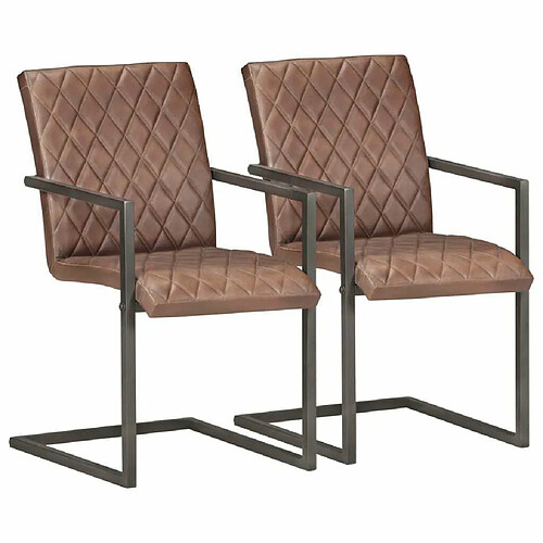 Maison Chic Lot de 2 Chaises à manger cantilever,Chaises à dîner marron cuir véritable -MN10576