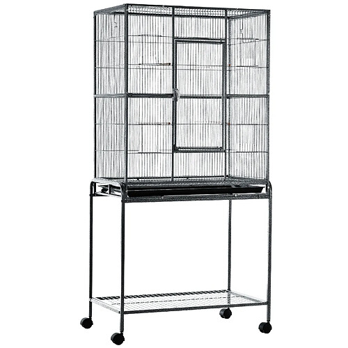 Pawhut Cage à Oiseaux Portable avec 4 Mangeoires et 4 Perchoirs Pratique 81 x 48 x 163 cm Noir et Gris