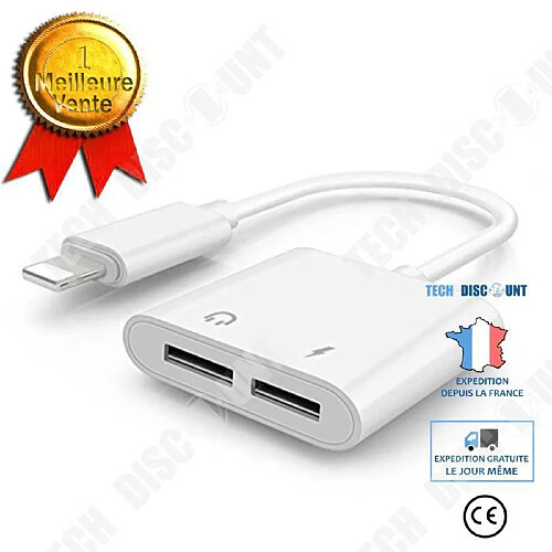 Tech Discount TD® Adaptateur 2 en 1/ Double Ports / Casque Chargeur Convertisseur Compatible pour Apple iPhone X - 8 Plus - 8 - 7 Plus - 7