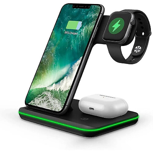 Chrono Chargeur sans fil 3 en 1, 15W pour Apple iPhone, Samsung, Huawei, Smartphones Xiaomi, AirPods et écouteurs TWS et Apple Watch S1-6,(noir)