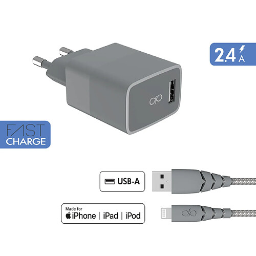 BIGBEN Chargeur maison 2.4A IC Smart Garanti à vie + Câble USB A/Lightning Gris - 100% Plastique recyclé Force Power