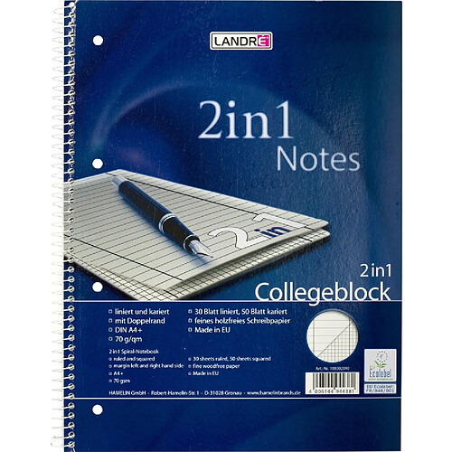 LANDRÉ Collegeblock '2 en 1' format A4+, 2 linéatures, ()