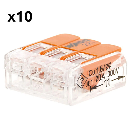 Lot de 10 bornes de raccordement S221 Compact - Connexion rapide - 3 conducteurs avec leviers 4mm² - orange - Wago