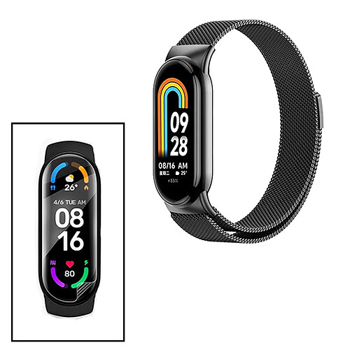 PHONECARE Kit Bracelet Milanese Loop Fermoir Magnétique + Film Protectora D'écran Gel Full Cover pour Xiaomi Mi Band 8 - Noir