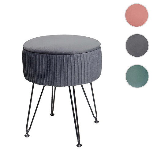 Mendler Pouf HWC-K47 compartiment de rangement Ø 33cm aspect velours ~ gris clairs piètement noir