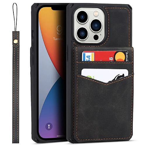 Coque en TPU + PU anti-rayures avec béquille et porte-cartes noir pour votre iPhone 13 Pro 6.1 pouces