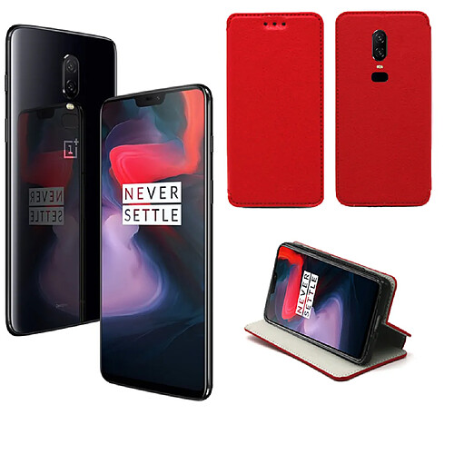 One Plus 6 4G : Etui rouge Slim Style Cuir avec stand - Housse noire coque anti choc de protection smartphone pour OnePlus 6 smartphone 2018 - Accessoires pochette case XEPTIO