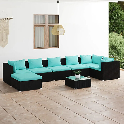 vidaXL Salon de jardin 8 pcs avec coussins Résine tressée Noir