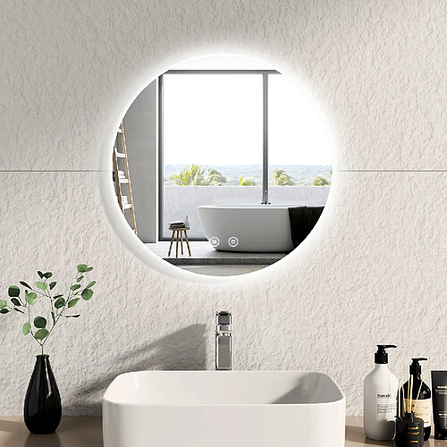 EMKE Miroir lumineux salle de bain rond diamètre 50cm, Miroir LED rétro-éclairage avec Interrupteur Tactile, Anti-buée, Miroir avec éclairage Lumière Blanche Froide (Réglable)