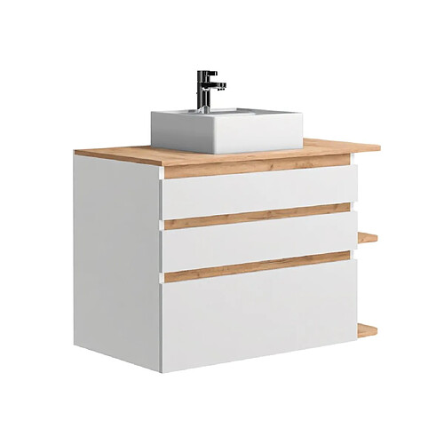 Vente-Unique Meuble de salle de bain suspendu simple vasque - Coloris naturel clair et blanc - 94 cm - ANIDA