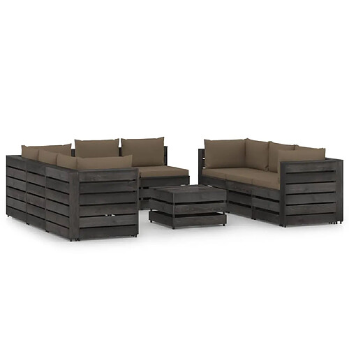 vidaXL Salon de jardin 9 pcs avec coussins Bois imprégné de gris