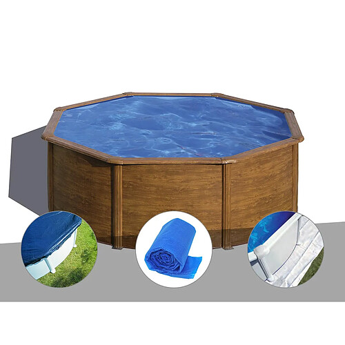 Kit piscine acier aspect bois Gré Sicilia ronde 3,70 x 1,22 m + Bâche hiver + Bâche à bulles + Tapis de sol