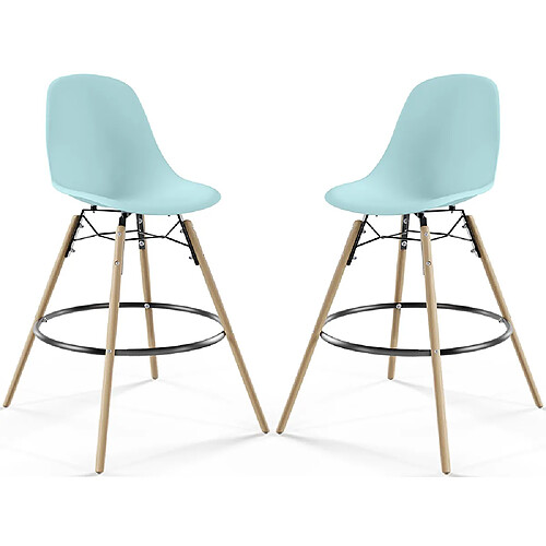 ICONIK INTERIOR Tabouret de Bar - Design Scandinave - Pieds en Bois - Lot de 2 - Skögur Bleu pastel