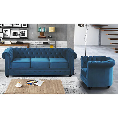 Vente-Unique Canapé 3 places et fauteuil CHESTERFIELD - Velours bleu canard