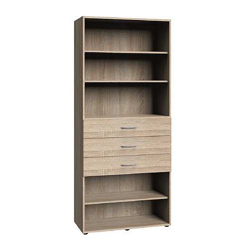 Pegane Etagère de rangement avec 3 tiroirs et 3 tablettes en mélamine coloris imitation chêne - longueur 80 x hauteur 185 x profondeur 40 cm