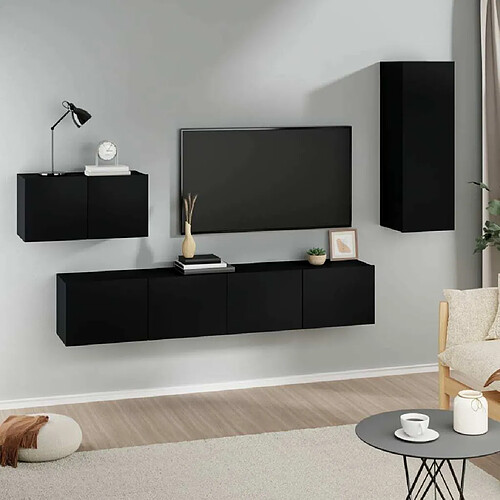 Maison Chic Ensemble de meubles TV 4 pcs | Banc TV Moderne pour salon | Meuble de Rangement - Noir Bois d'ingénierie -MN18025