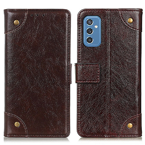 Etui en PU texture nappa, bouton décoratif en laiton café pour votre Samsung Galaxy M52 5G